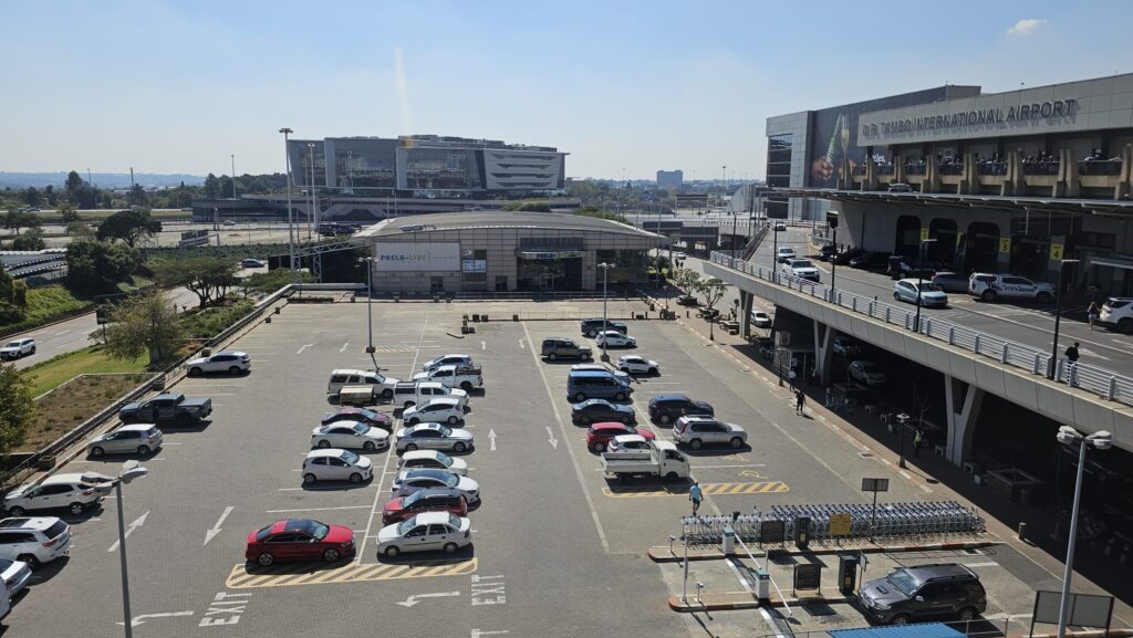 Exterior of Johannesburg airport with a car park