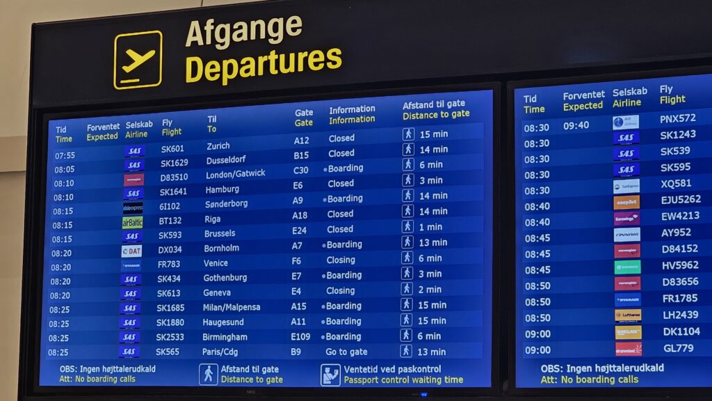 TV screen showing departures of various flights at an airport