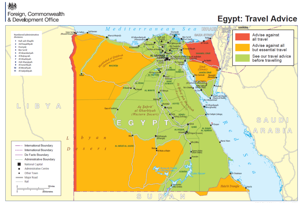 A map of Egypt taken from the FCDO website showing areas of the country coloured red, orange and green depicting which areas are safe to travel to