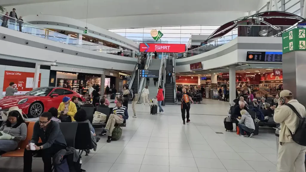 Departures area with shops at Budapest airport