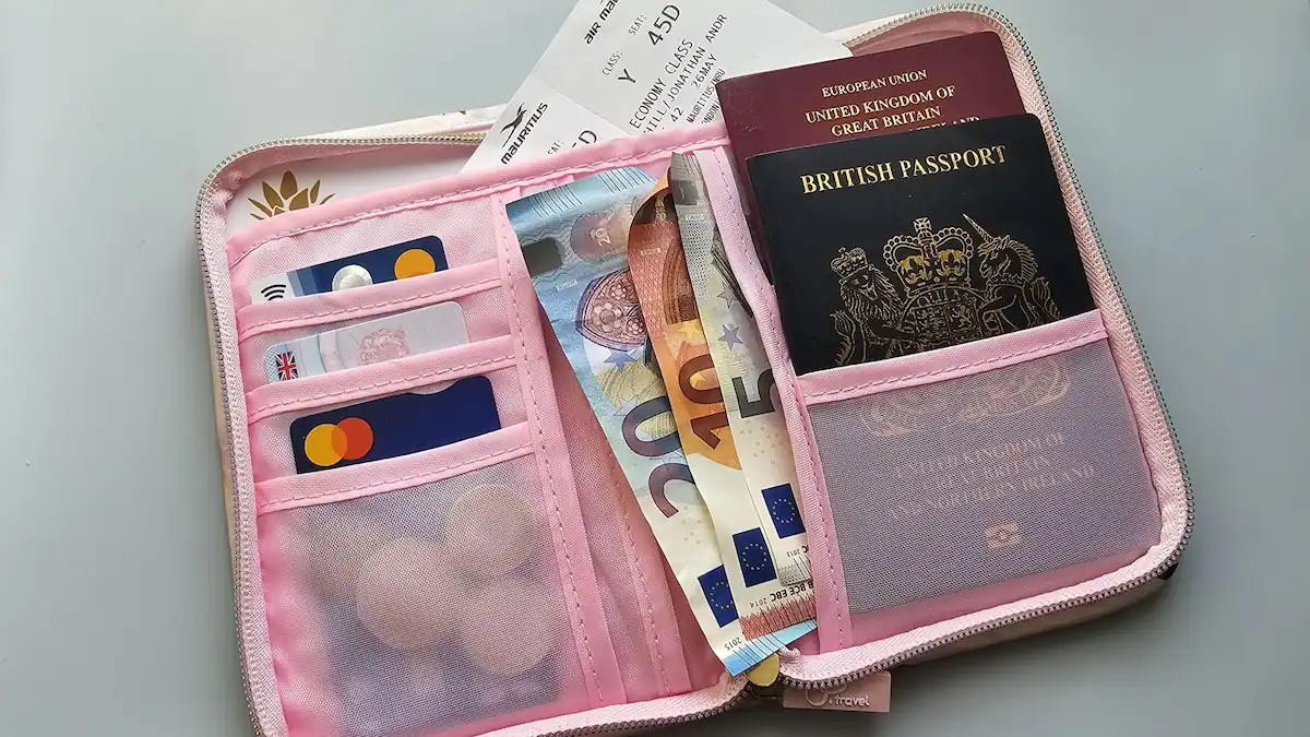 A document wallet filled with money, passports and a boarding pass