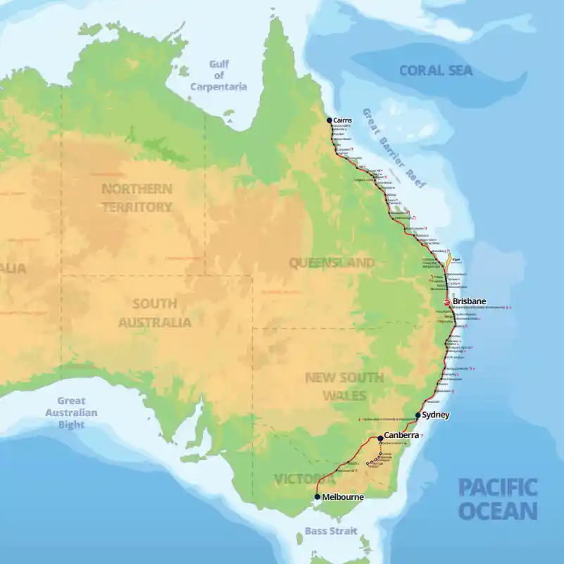 Graphic of Australia showing the East coast route which the Greyhound bus travels from Melbourne to Cairns