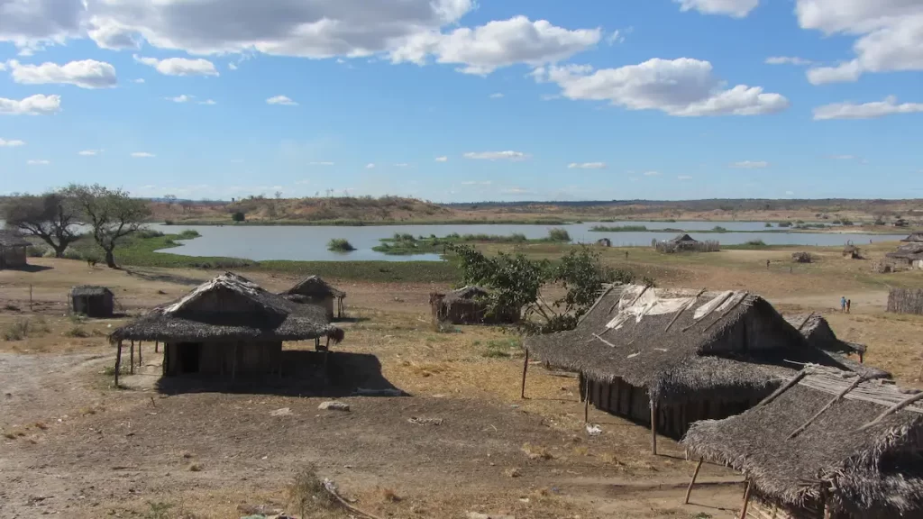 Straw huts in Madagascar next to a watering hole