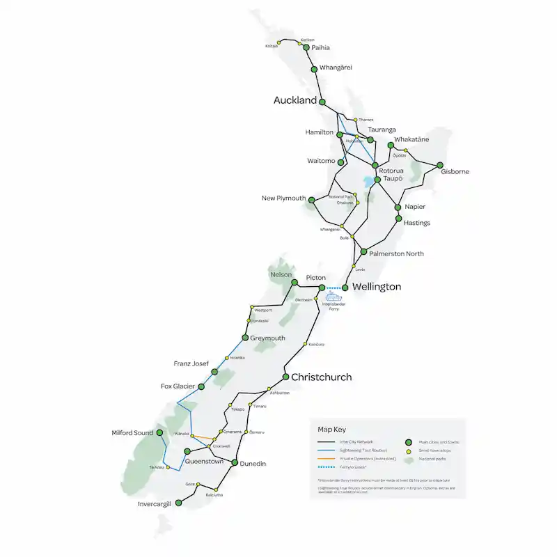 Graphic of a map of New Zealand showing the various bus routes around the North and the South islands available on the Intercity Flexipass