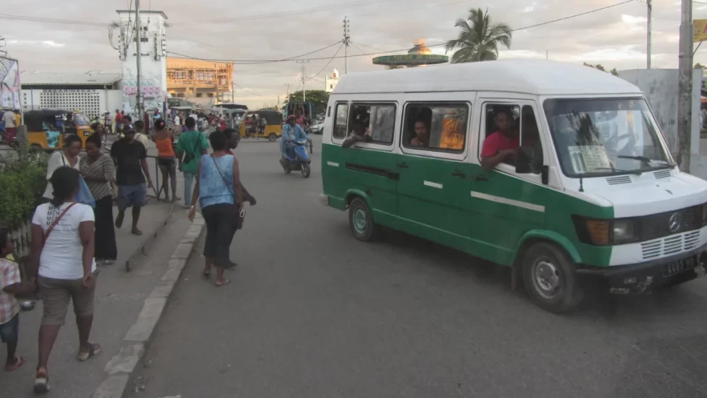 A local bus on a busy street in Madagascar