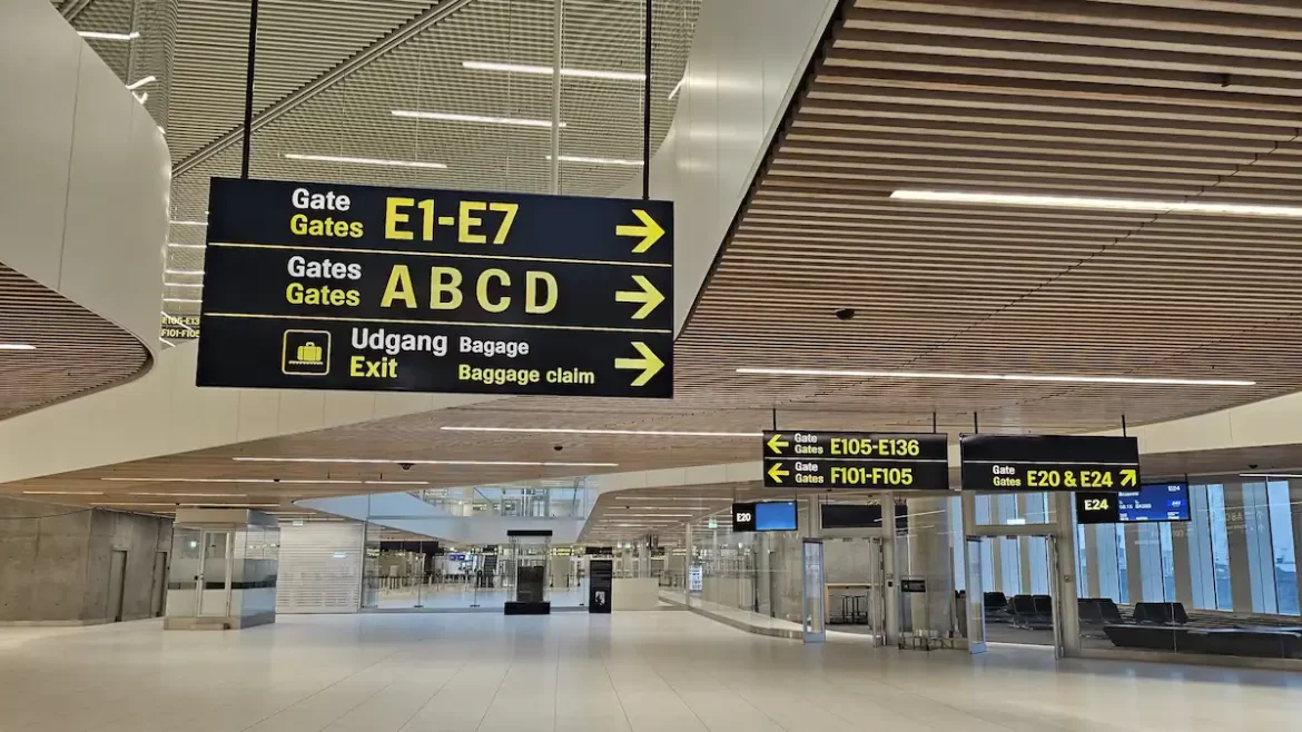 Directional signs inside an airport showing the way to the gates and baggage claim