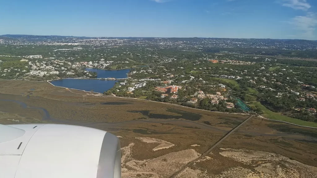 A view from an airplane of a green landscape