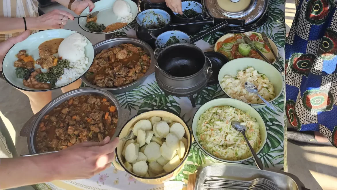 Lots of dishes of African food