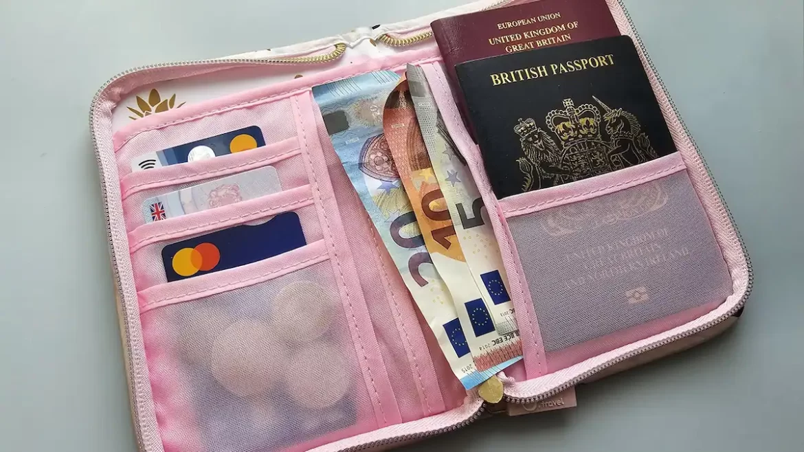An open document wallet filled with passports, credit cards and foreign currency