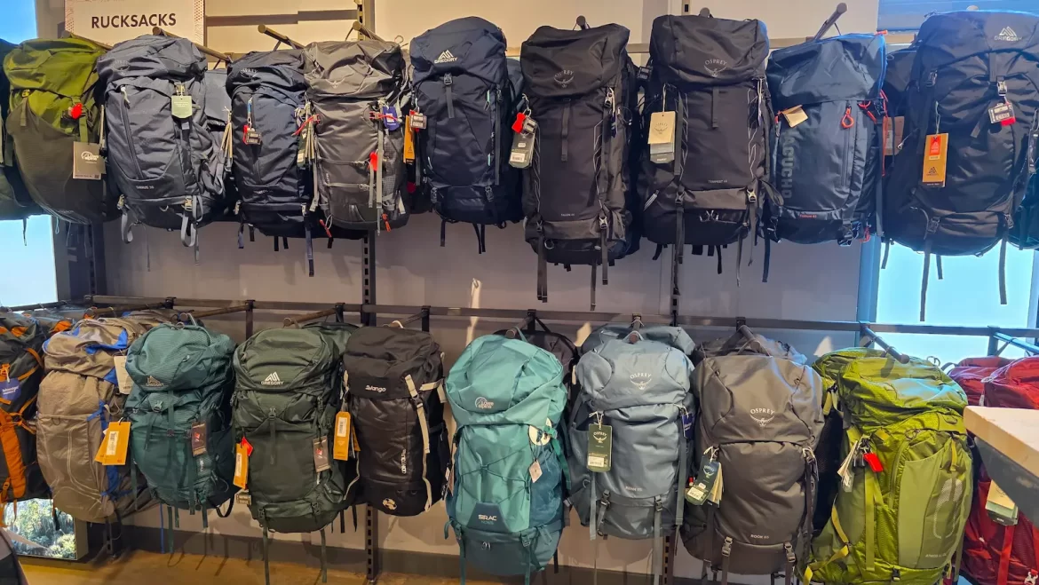 Rows of various backpacks in a shop