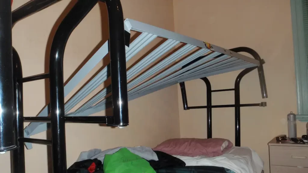 A broken bunk bed