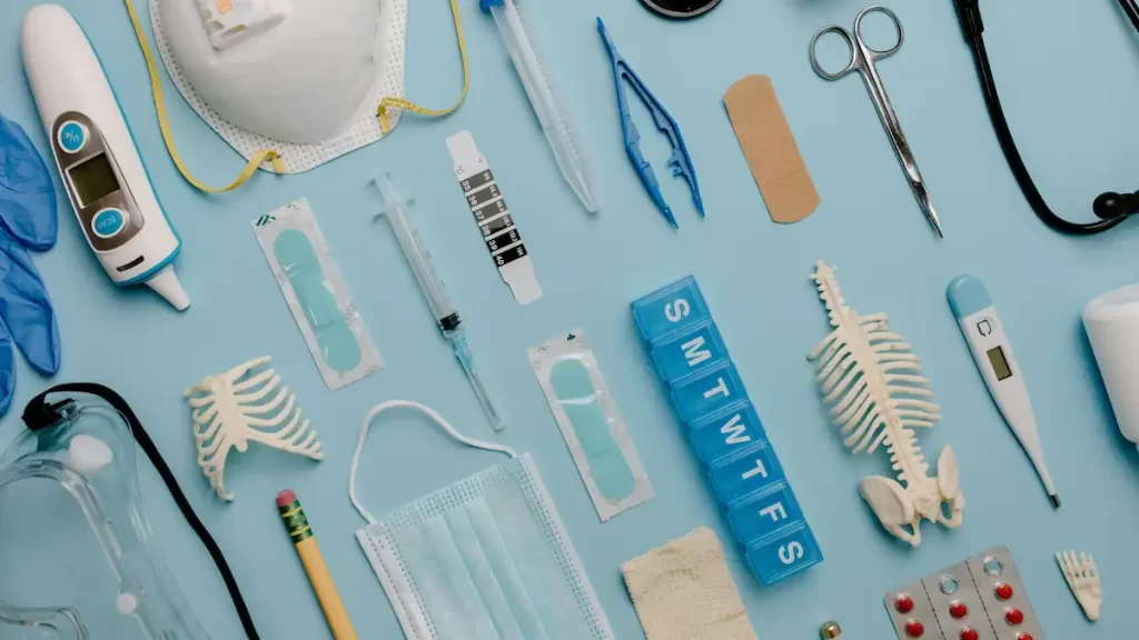 Flat lay of first aid equipment