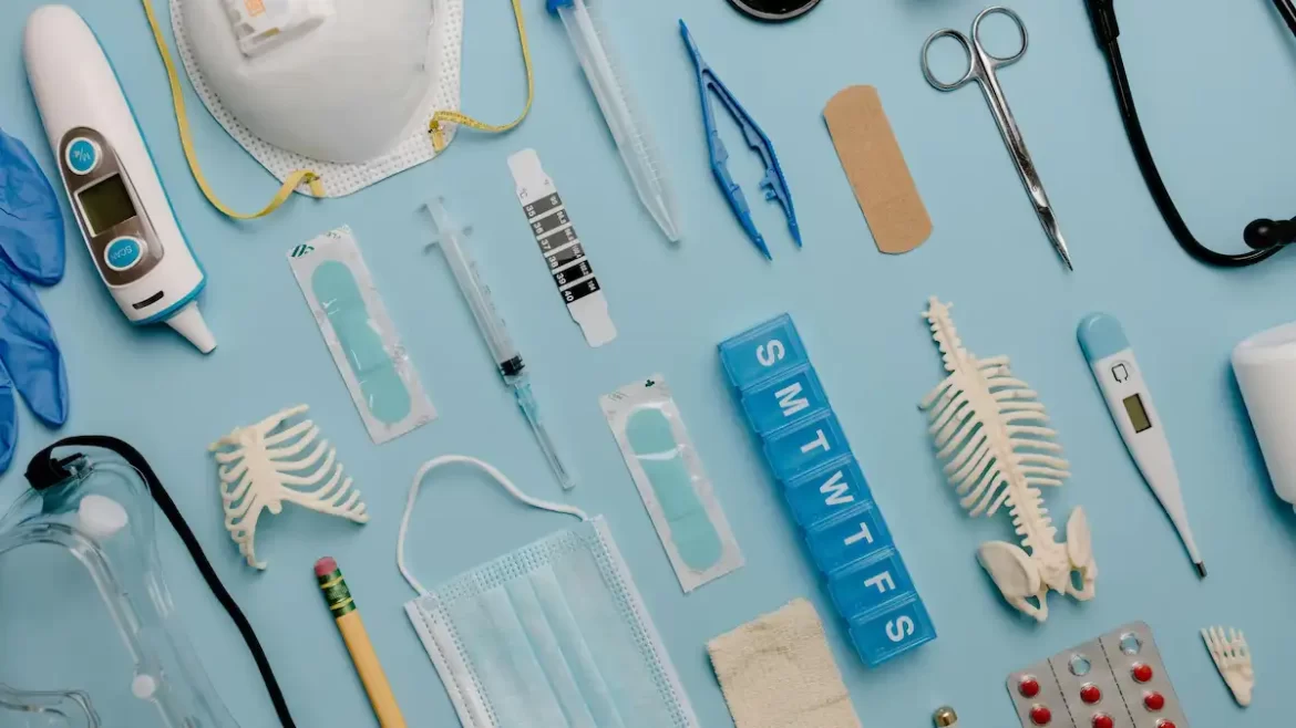 Flat lay of first aid equipment