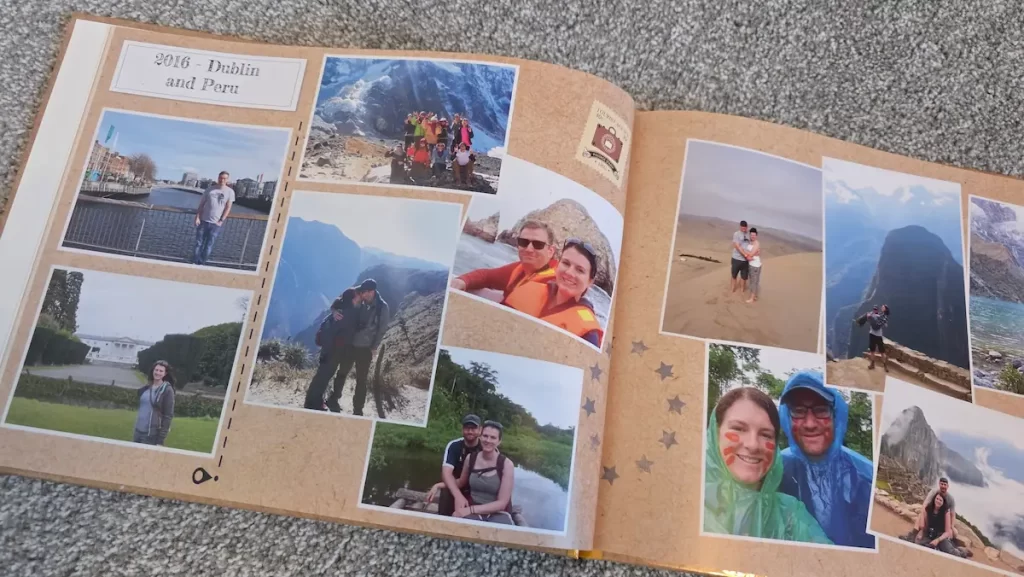 Scrapbook style photo album displaying travel photos